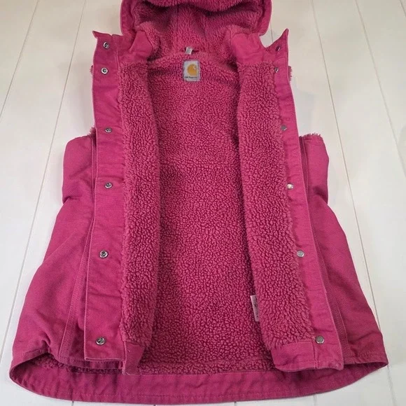 Carhartt Women's XS Sandstone Berkley Tulip Pink Sherpa Lined Hooded Canvas Vest - Picture 3 of 12
